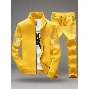 Men's printed stand up collar sportswear set, two-piece set, full zipper sportswear, daily casual yellow hoodie set