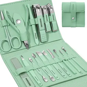 Manicure Set Nail Clippers set Pedicure Kit 16 Pieces Stainless Steel Manicure Kit,manicure and pedicure kit Professional Grooming Kits,, Green Nippers, Cuticle Pusher Nailkit Cutics, Nail Care Tools with Luxurious Travel Case nail clippers for Men&Women