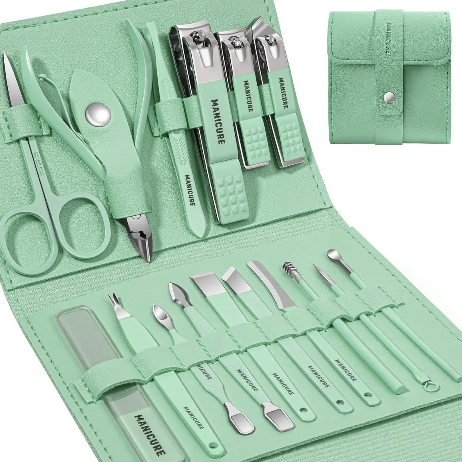 Manicure Set Nail Clippers set Pedicure Kit 16 Pieces Stainless Steel Manicure Kit,manicure and pedicure kit Professional Grooming Kits,, Green Nipper