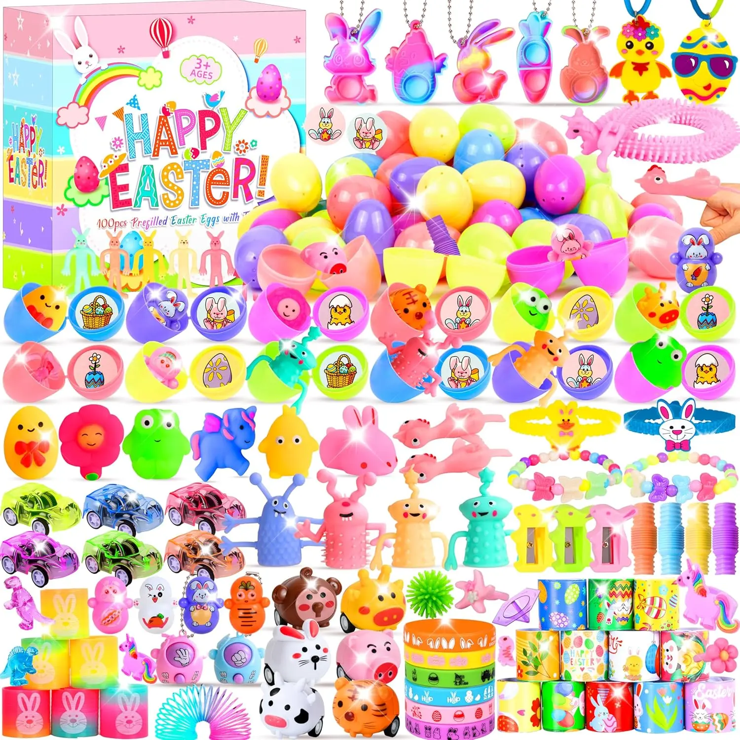 Halloween Fall Gift 200 Pcs Prefilled Easter Egg Toys Set Include 100 Pastel Color Plastic Eggs Filled with 100 Assorted Mini Novelty Toys and Stickers for Easter Hunt Basket Stuffers, Party Favors for Kids Boys Girls