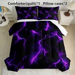 Electric Lightning Bedding Set, Includes 1 Comforter & 2 Pillowcases, Perfect for Gothic Bedroom Decor, Synthetic Fiber Material