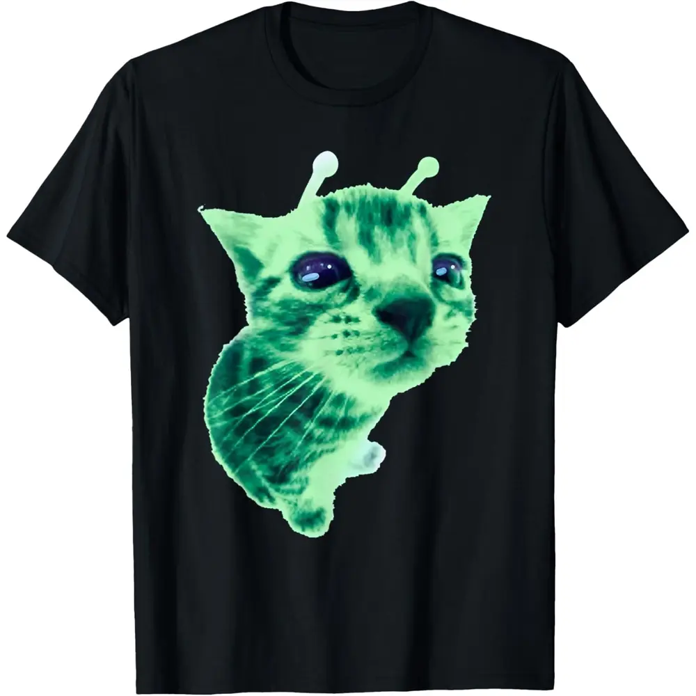 short-sleeved Unisex,  "Gnarp Alien Silly Cat" meme fun T-shirt: Made of   fabric, breathable and skin-friendly, printed with the alien cat "Brainrot" meme pattern, suitable for all seasons, ideal for cat lovers, Streetwear, Casual