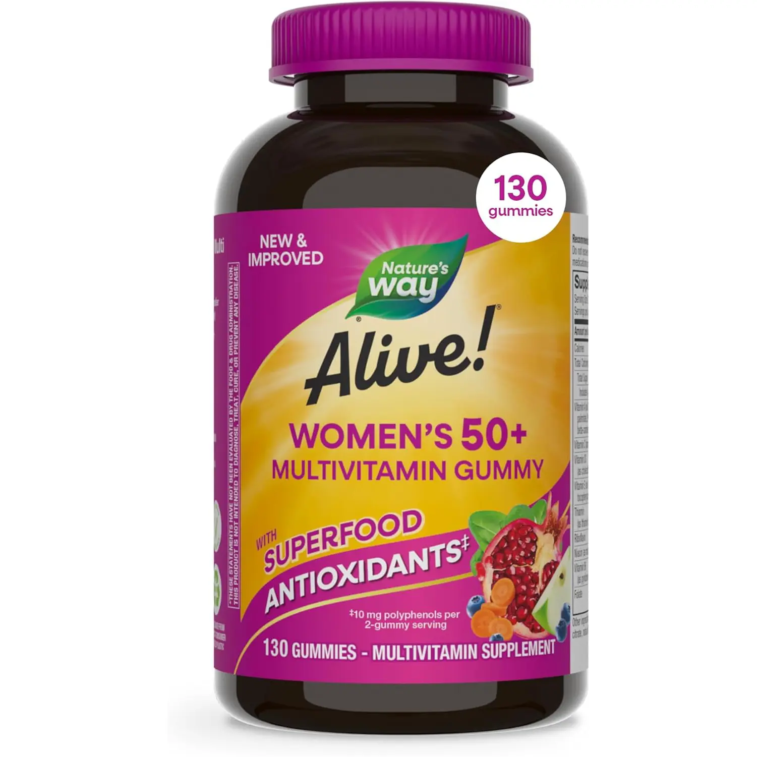 Alive Womens 50 Plus Multivitamin Gummies with B Vitamins Vitamin D3 and Calcium for Heart Brain and Bone Health Mixed Berry Flavor 130 Count