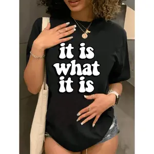Women's Letter Print Round Neck Tee, Fashion Casual Crew Neck Short Sleeve T-shirt for Daily Holiday Vacation Outdoor Wear, Ladies Clothes for All Seasons