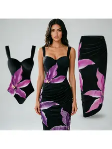 New Women's Sexy Slim Fit Fashionable Beach Vacation Square Collar 1pc Swimsuit+same Color Beach Wrap Skirt, Swimming Beach 1pc Swimsuit Set