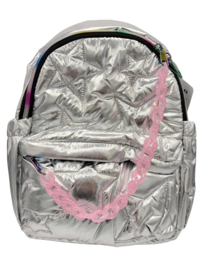 Silver Metallic Star-Quilted Mini Puffer Backpack, Shiny Backpacks for Functional Luggage & Bags Use