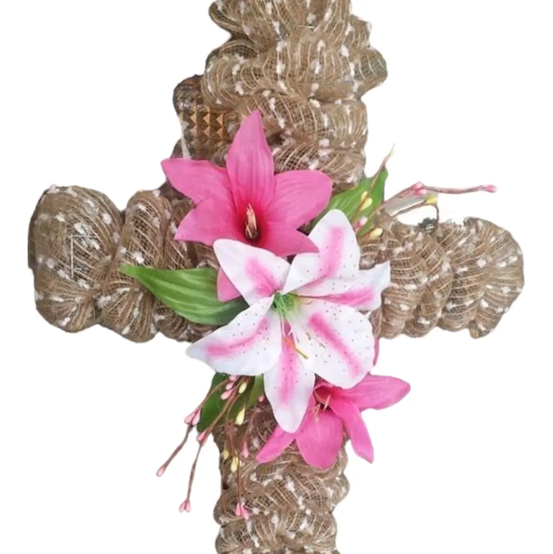 large handmade beautiful easter cross front Door Wreath with hibiscus flowers Decor Hanging Religious Wall Hangable Decoration