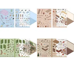 Sticker Therapy Isometric Room Stickers Book 3D House Scene Stickers 4 Sets DIY Scene Sticker Your Own, Cute Korean Cartoon,Fun Stacking for Adult Kids，Ship From China