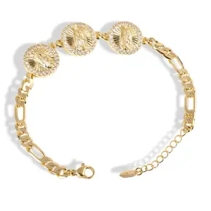 14K Gold Plated Virgin of Guadalupe Bracelet 7" + 2cm Extension with CZ Stones Elegant Religious Jewelry Gift of Faith