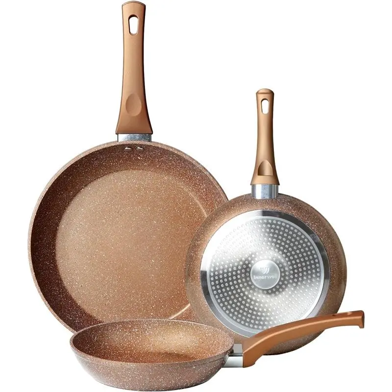 3-Piece Gold Granite Nonstick Frying Pan Set, Induction Compatible, 8", 9.5", 11", PFOA&PFAS Free