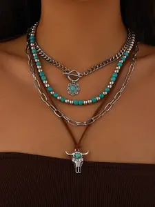 Vintage Chain & Beaded & Bull Head Design Pendant Necklace, Boho Style Jewelry for Women & Men, Fashion Accessories for Party, Daily Clothing Decor, Exquisite Chain Jewelry