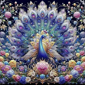 5D DIY Full Drill Round Diamond Painting - Diamond Painting Kits, Diamond Art Kit, Peacock, Flowers, Feathers Mosaic, Canvas - DIY Decorative Painting, Home Wall Decor, Suitable for Halloween, Christmas, Birthday, and Anniversary Gifts