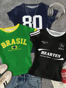 3-pack girls' Y2K style short T-shirts, featuring the Brazilian flag, number 80, and "Hearten" slogan prints, in green, navy blue, and black, perfect for casual streetwear