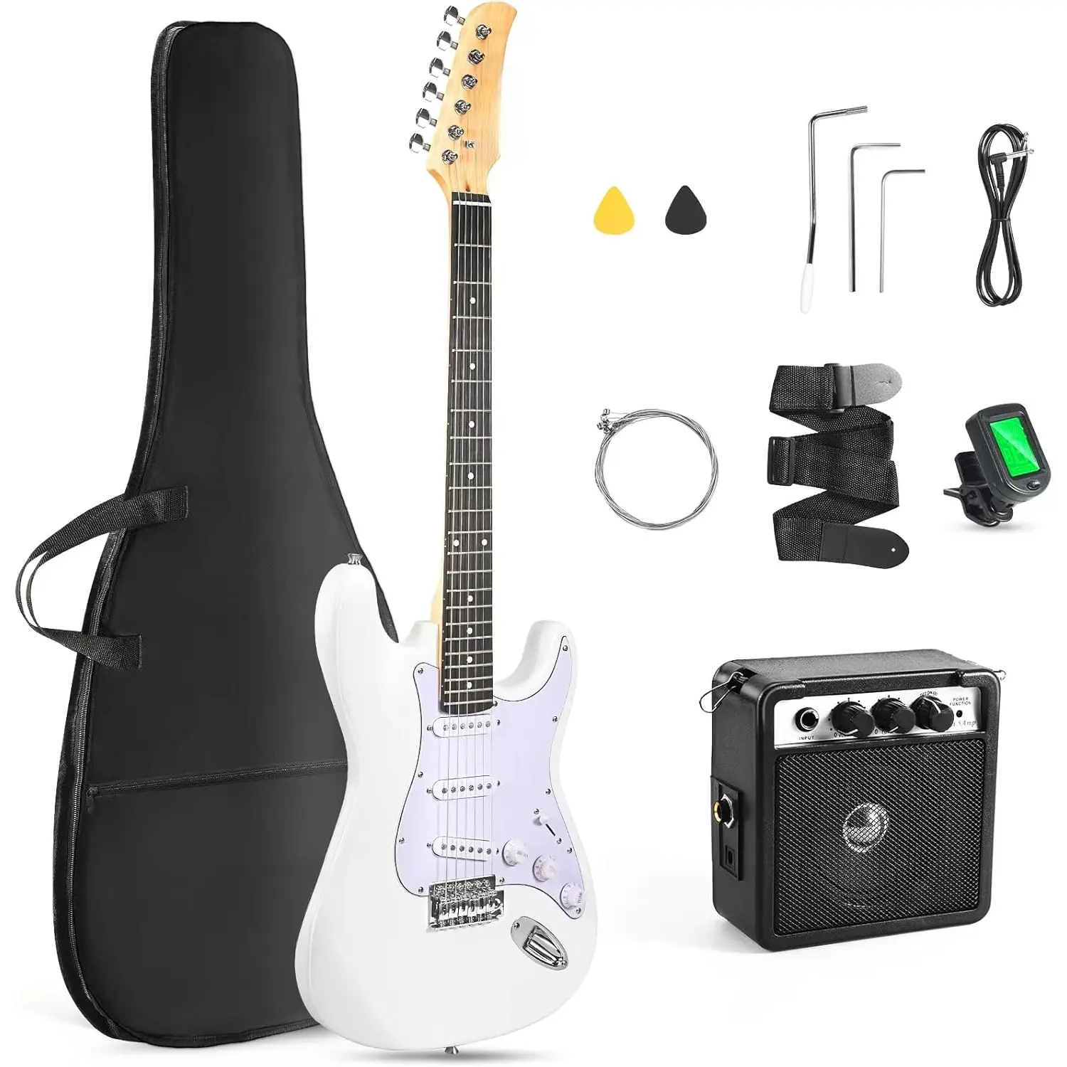 39"Inch Solid Full Size Electric Guitar Beginner Kit,Electric Guitar Starter Kit,S-S-S Pickups With 5W Amp,Strings, Pick,Tremolo Bar,Bag,Strip,Tuner.,White