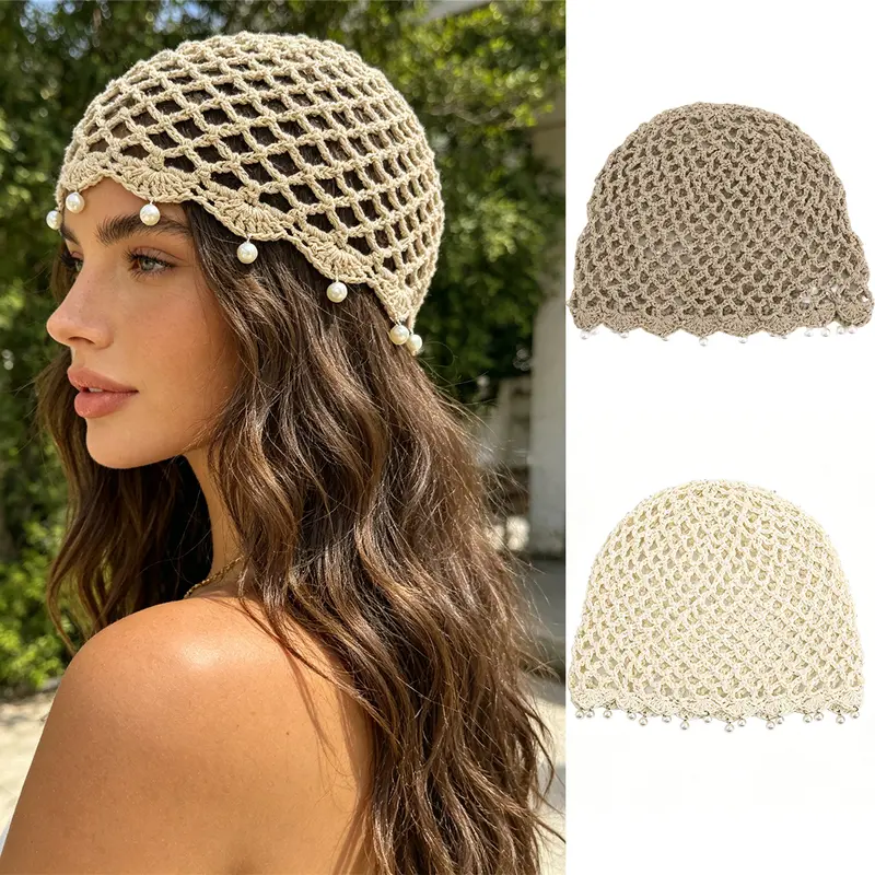 AWAYTR Y2K Women's Acrylic Crochet Beanie - Fitted Hats, Lightweight Hollow-Out Knit Cap, Breathable Casual Beachwear Hat with Small Sequin Pearl Pendant, Photoready Shine for Engagement, Accessories for Women
