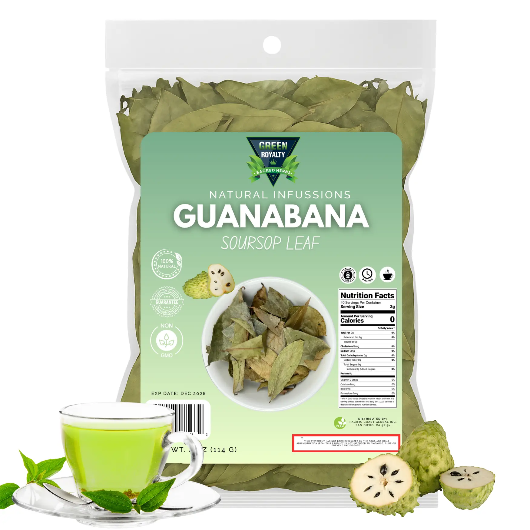 Green Royalty Whole Dried Guanabana Soursop Leaves Tea, 4oz Loose Leaf Natural Green Herbal Vegan Tea, Mexican Hojas de Guanabana Blend, 24-Month Shelf Life, Natural Tea