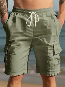 Men's Casual Classic Linen Shorts, Loose-Fitting Capri Pants, Multi-Pocket Outdoor Military Style, Breathable Natural Waist, Button Fly Closure