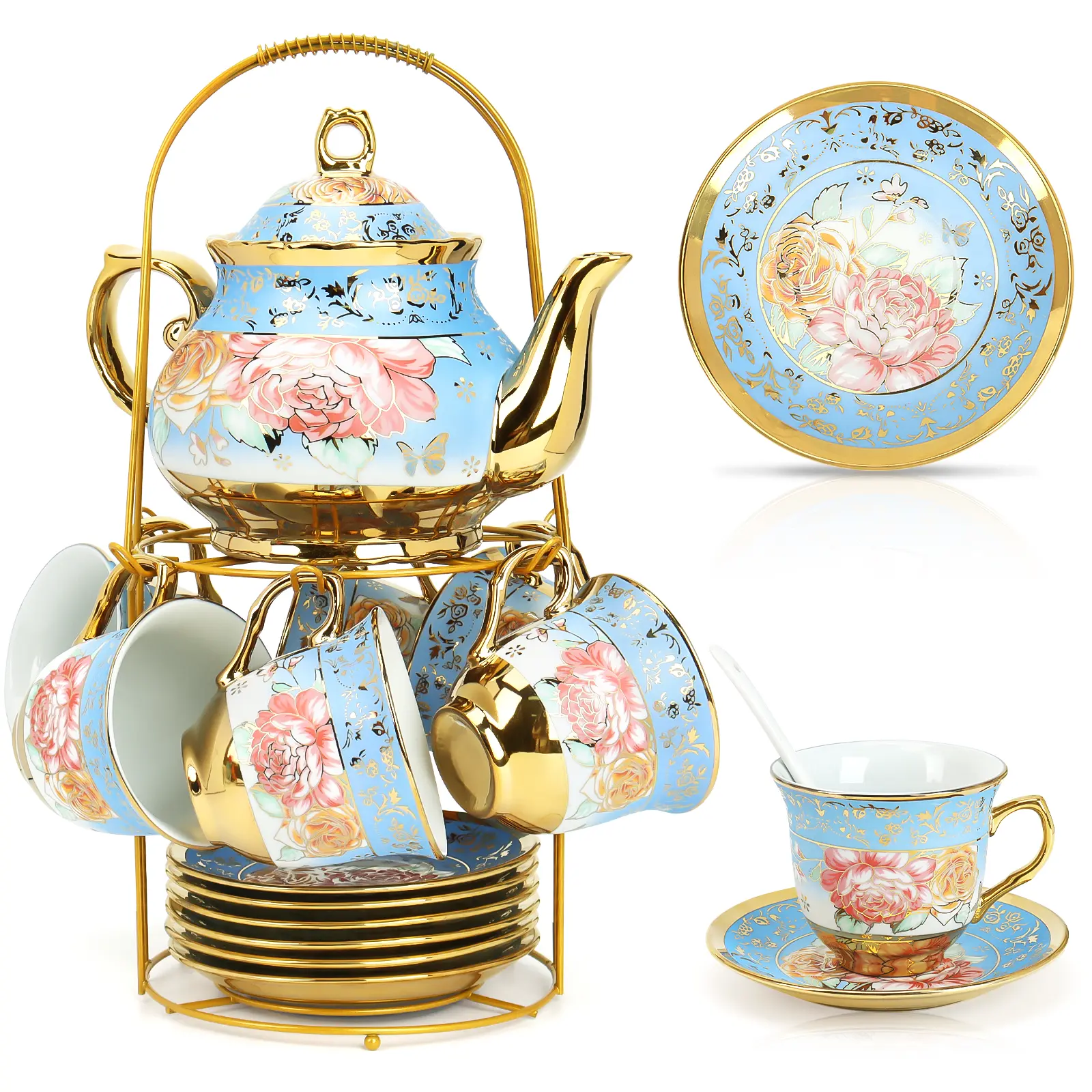 20 Pcs Porcelain Tea Set with Metal Holder, Adult Tea Set Gift, European Ceramic Tea Set for Adults, Flower Tea Cup Saucer Set for Party With Gold Flower Painting