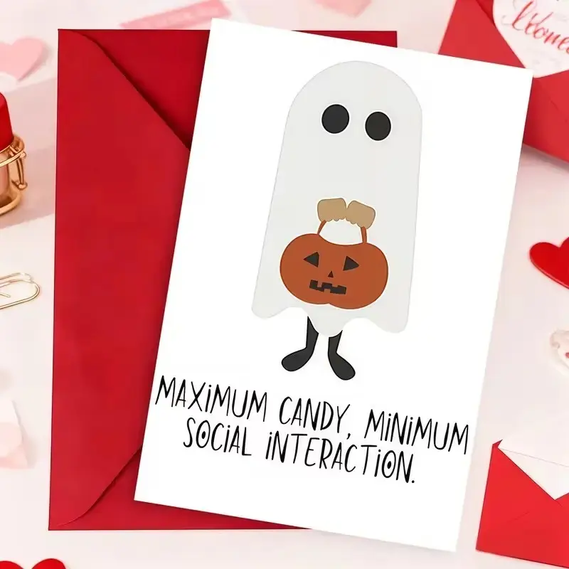Funny Ghost Halloween Greeting Card with Envelope, "Maximum Candy Minimum Social Interaction" Card, Cute Spooky Holiday Card for Friends, Family, Coworkers