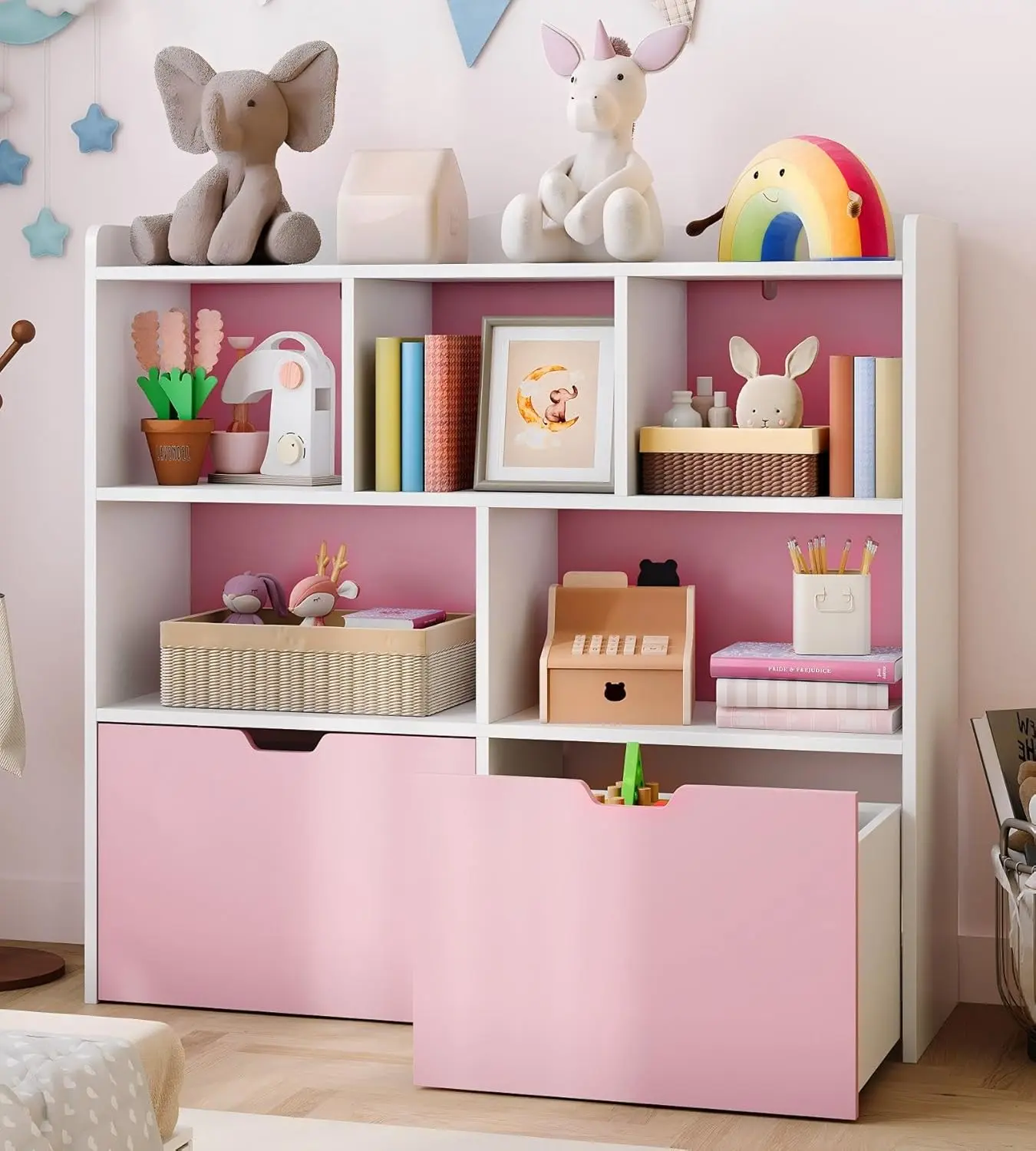 GAOMON Kids' Multifunctional Storage Organizer Cabinet - 2 Deep Movable Drawers, 5 Open Cubbies, Hidden Wheels, Anti-Tip Anchor, Safe Design, Assembly Required, Pink Playroom Bookshelf, Boosts Children’s Organizing Skills, Stylish Gift, Kid-Safe Cabinets,