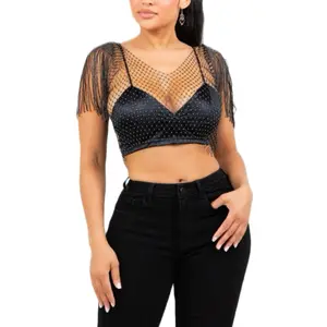Josephine Top - RHINESTONE & FISHNET TASSEL FRINGE TOP - Slinky Stretch Fishnet Fabric with Sparkling Rhinestone Accent Layered Crop & Rhinestone Chain Tassel Fringe Accent 95% Polyester 5% Spandex