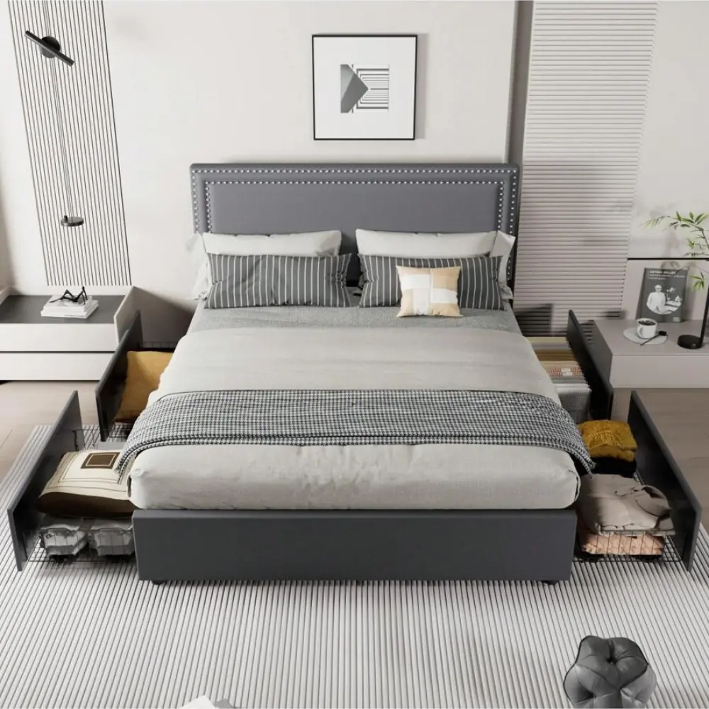 Flurevio Upholstered Bed Frame With 4 Storage Drawers, King\Queen\Full\Twin Bed Frame Sizes Available, With Riveted button Upholstered Headboard And Footboard, Wood Slatted Support, No Box Spring Required, Beige/Black/Grey, Full Size Bed