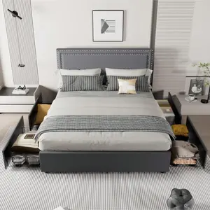 Flurevio Upholstered Bed Frame With 4 Storage Drawers, King\Queen\Full\Twin Bed Frame Sizes Available, With Riveted button Upholstered Headboard And Footboard, Wood Slatted Support, No Box Spring Required, Beige/Black/Grey, Full Size Bed