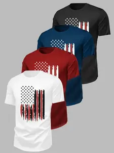 Bullet Pattern Usa Flag Vintage 4-Pack Tee, Hardcore Patriotic Multi-Color Basic Top, Outdoor Casual Wear, Bullet Stripe Design