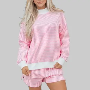 Pink Stripe Oversize Mock Neck Sweatshirt and Shorts Set - 95%Cotton 5%Elastane Casual Clothes for Everyday Wear,summervibes