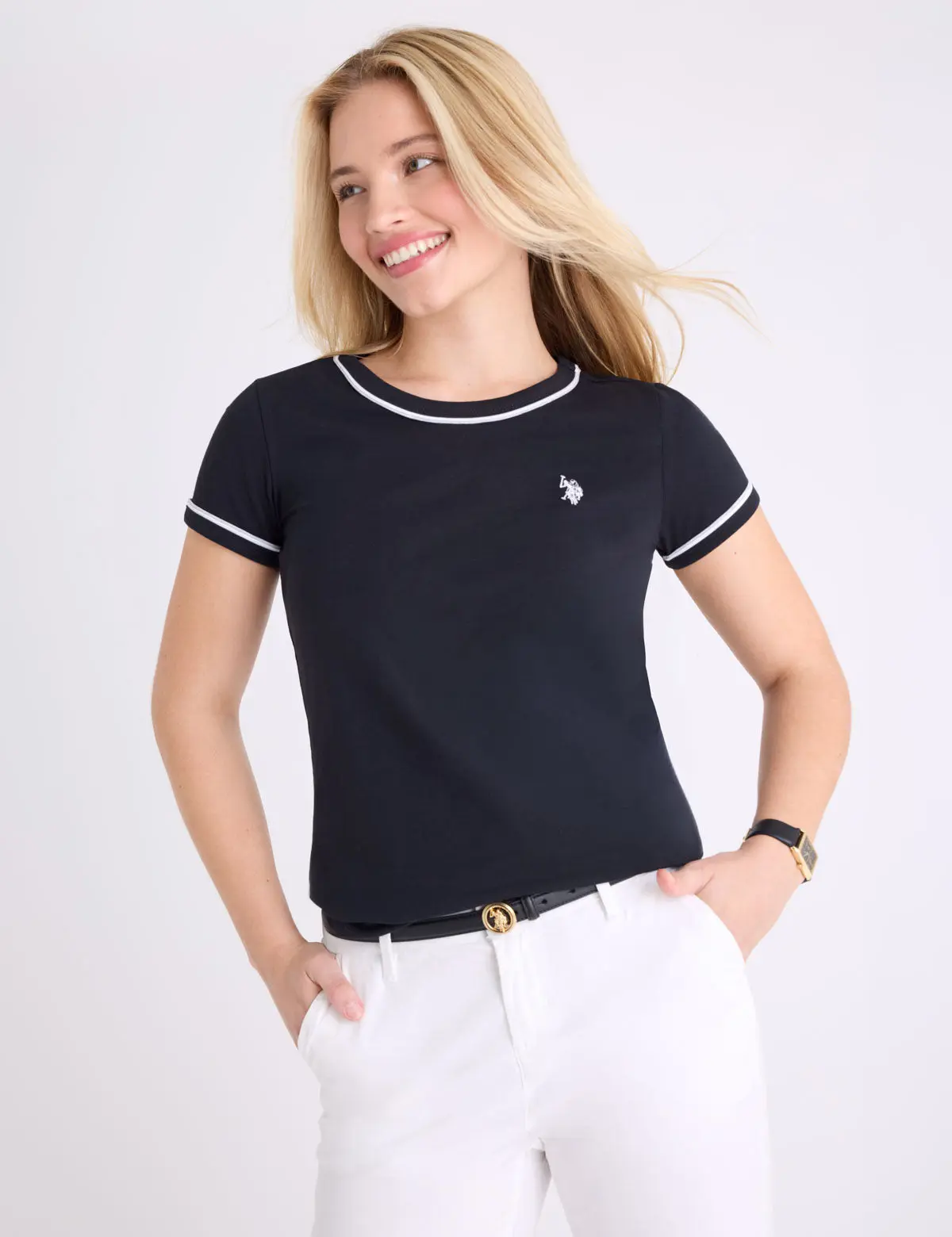 SEMI SCOOP DOUBLE NECK TRIM T-SHIRT
