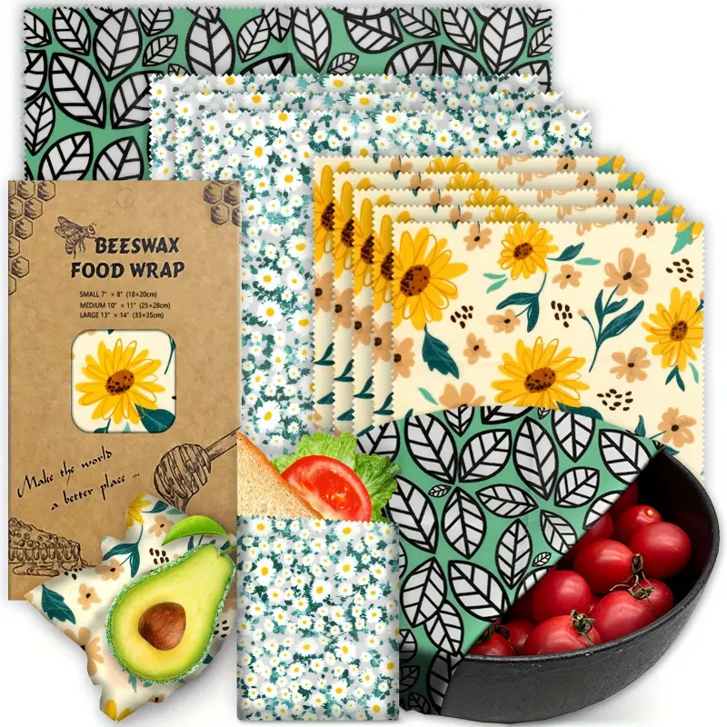 Reusable Beeswax Wrap - 9-Pack Eco-Friendly Beeswax Wrap for Food Preservation, Kitchen Storage, Cute Fruit Animal Line Patterns, Includes Large, Medium, Small Sizes