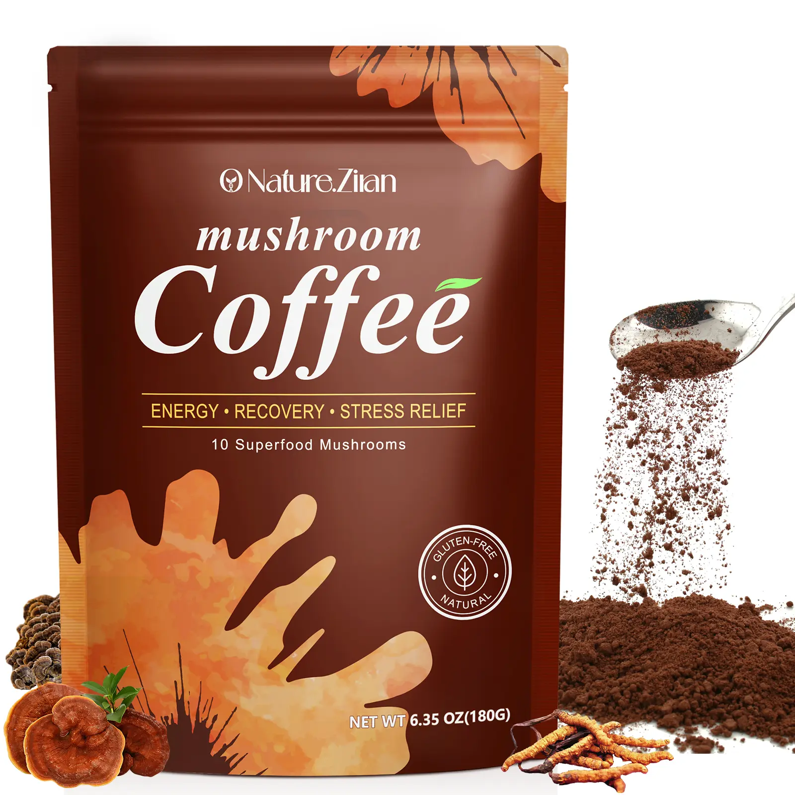 O NATURE . ZIRAN Organic Medium Roast Mushroom Instant Coffee Beverage - 6 Adaptogenic Mushrooms, Sugar-Free, Supports Balanced Energy & Focus summervibes, Coffee With Mushrooms, Mushroom Coffee Blend campingessentials