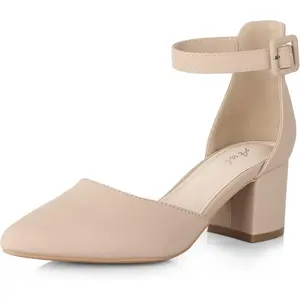 Closed Toe Heels for Women -Black Nude Gold Silver Pointed Toe Heels Low Block Chunky Women Pumps with Ankle Strap -2.25 Inch