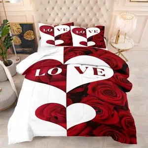 Romantic Love Rose Heart Quilt Set, Floral Heart Love Letters, Perfect for Couple Bedroom, Wedding Room, Valentine's Day, Luxurious Style, Bed Sheet Set