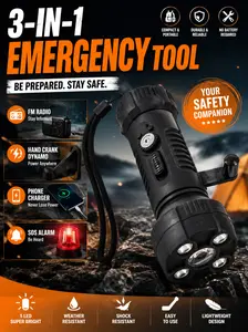 3-in-1 Emergency Hand Crank Radio Flashlight with FM Radio, Hand Crank Solar Power Bank, SOS Alarm, Portable Survival Gear for Camping & Blackout