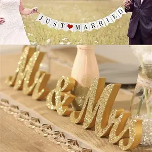Large Golden Mr & Mrs Sign for Wedding Table with Just Married Banner - Gold Glitter Freestanding Letter Decorations for Party or Holiday - Indoor and Outdoor