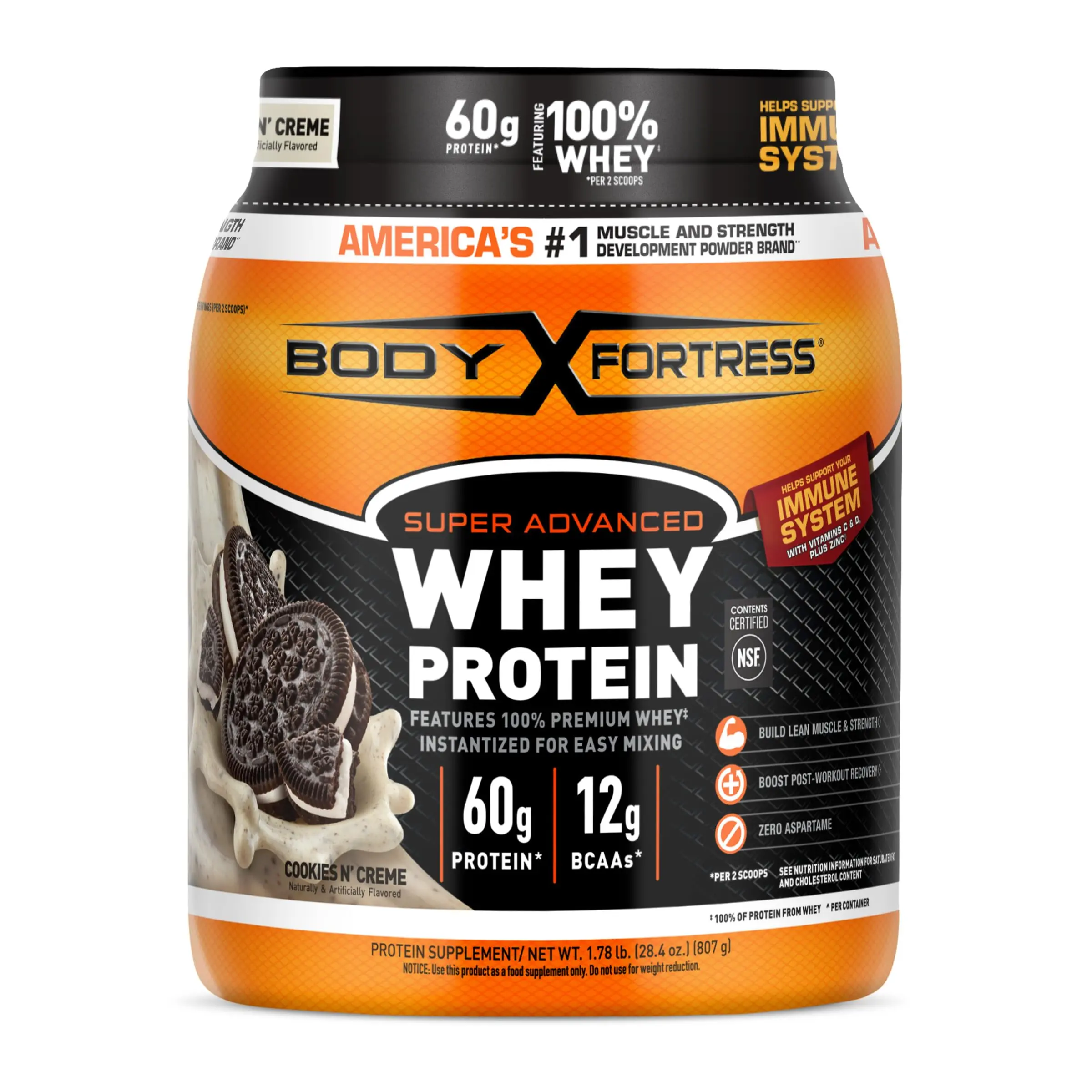 (A)Body Fortress Super Advanced Whey Cookies N’ Creme Protein Powder – High Protein for Muscle Building & Recovery, 60g Protein, 12g BCAAs, 1.78 lb