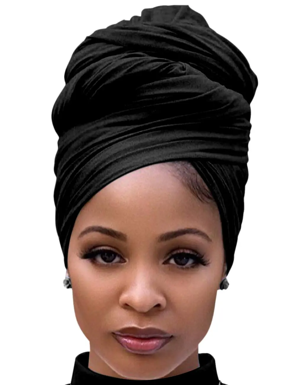 Black Hair Wrap for Women Long Stretch Jersey Head Scarf Summer Breathable Lightweight Turban Solid Color