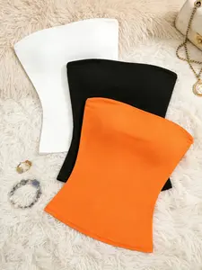 3-Pack Women's Strapless Crop Top, Solid Color Lightweight Breathable Slim Fit Sleeveless Short Top, Y2K Casual Basic Style, Fashionable Ladies' Clothing