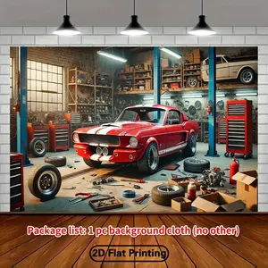 1pc 2D Flat Vintage Garage Workshop Party Banner, Durable Polyester Automotive Theme Backdrop with Classic Car & Tools Design for Outdoor Decor, Studio Photography,summervibes