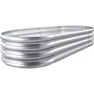 Galvanized Oval Elevated Planter Box Set 4x2x1ft, Outdoor Heavy Duty Q195 Galvanized Steel Ribbed Planters, Open Base for Vegetables, Herbs, Flowers, Backyard, Garden and Greenhouse | Silver