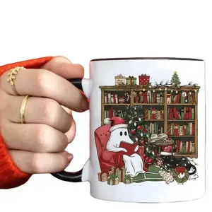 Retro Christmas Ghost Reading Books Mug, Librarian Bookworm Gift for Reader, Teacher Christmas Coffee Cup