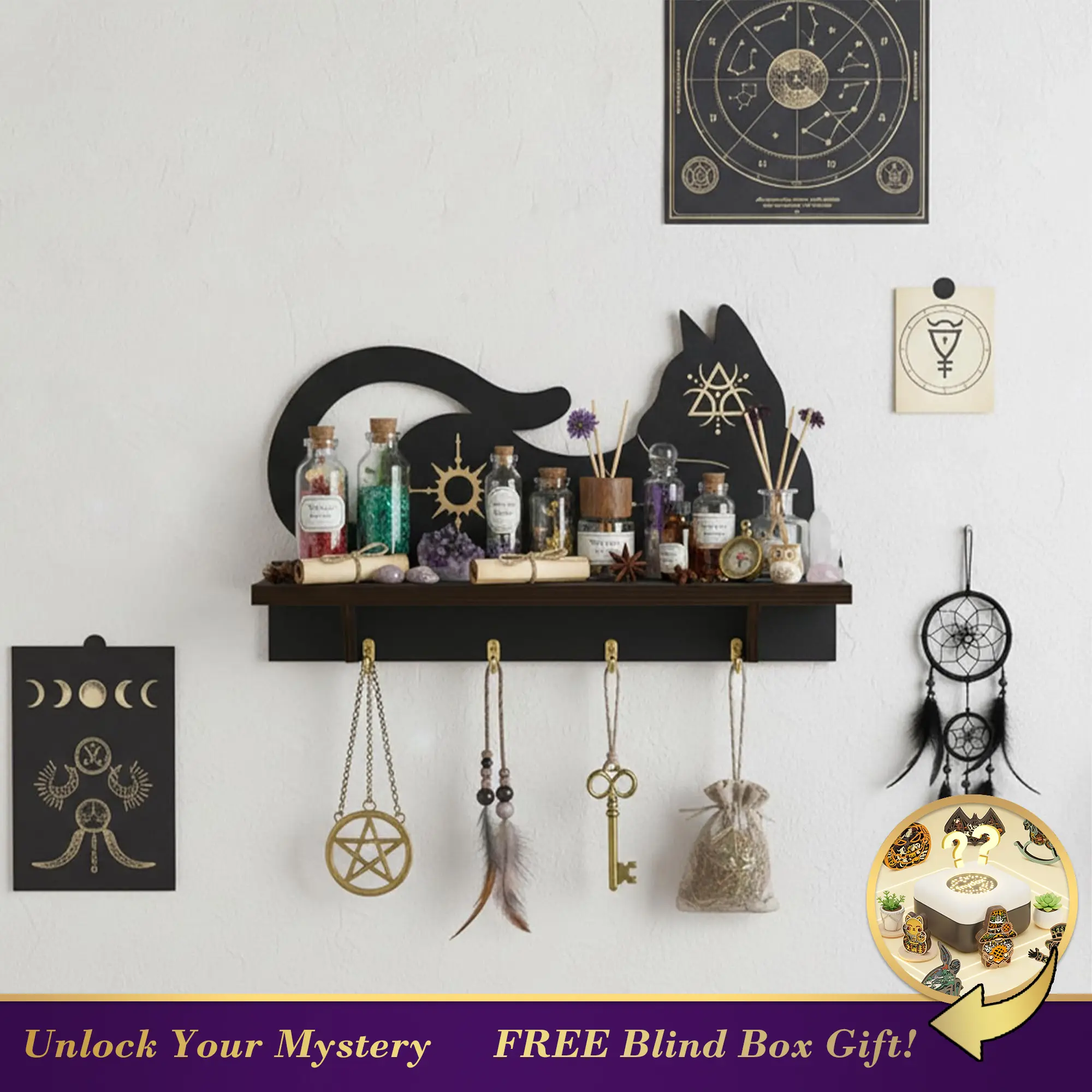 FNYDOX Cat Crystal Display Shelf Gothic Witchy Shelves Home Decor Rock Gem Stone Wall Shelf Crystal Holder Cute Shelf for Trinket Knick Knack Spiritual Gift Wicca Wiccan Supplies