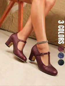 Vintage Elegant Fashion Round Toe Heeled Shoes, Crocodile Pattern PU Leather, Rubber Sole, Party & Daily Wear, Three Colors Available