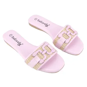 BELOVELY Women's Braid Buckle Raffia Flat Square Toe Leather Sandals - Summer Comfortable Casual Footwear - Flipflop, Slide WFDRAY-1