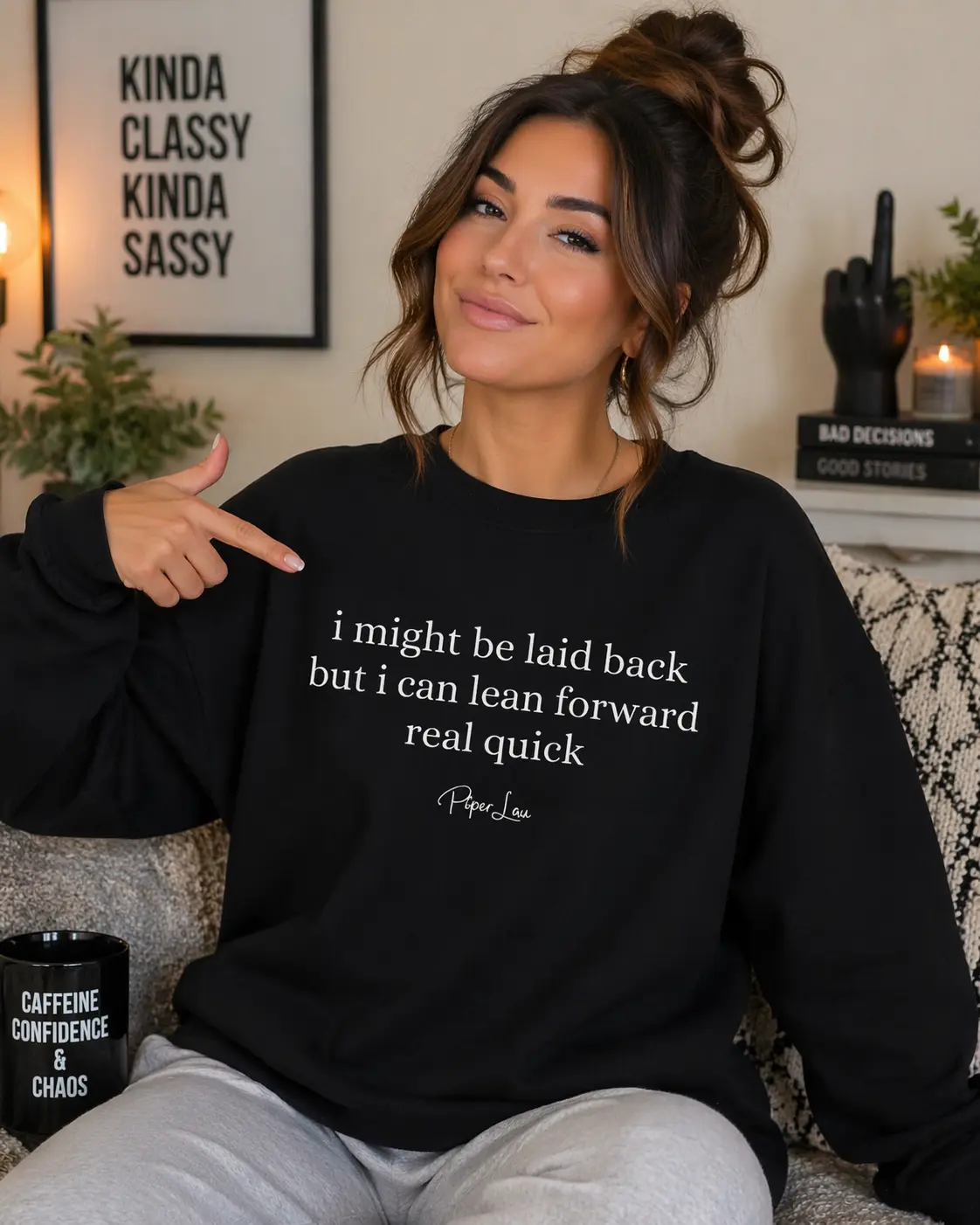 Women's Graphic Round Neck Sweater Tops - Classic Fit Athletic Pullover, Soft Spun Cotton-Polyester-Spandex Yarn Fabric