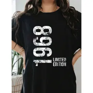Women's 1968 Vintage Distressed Print T-Shirt, Birthday Design, 100% Cotton, Short Sleeve Crew Neck, Black Casual Tee