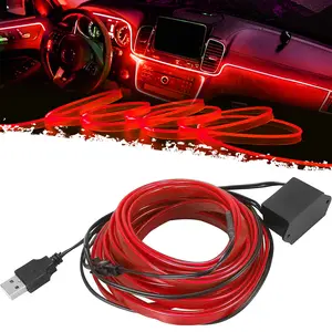 DIBMS EL Wire Interior Car LED Strip Lights, USB Neon Glowing Strobing Electroluminescent Wire Lights with 6mm Sewing Edge, Ambient Lighting Kits for Cars Garden Decorations, USB Powered Car Interior Fiber Light (5M/16.5FT, Red)