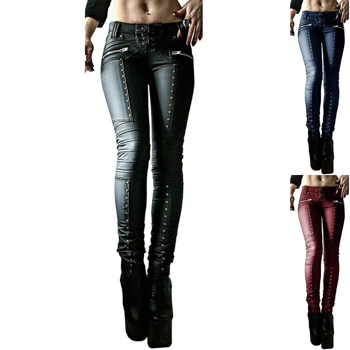 Imily Bela Women's Faux Leather Leggings Gothic Punk Skinny PU Leather Pants Mid Rise Novelty Studded Tight Pants