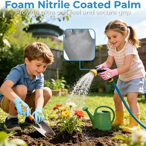Kids Gardening Gloves 3 Pairs - Foam Nitrile Coated Children's Garden Gloves with Cute Animal Design